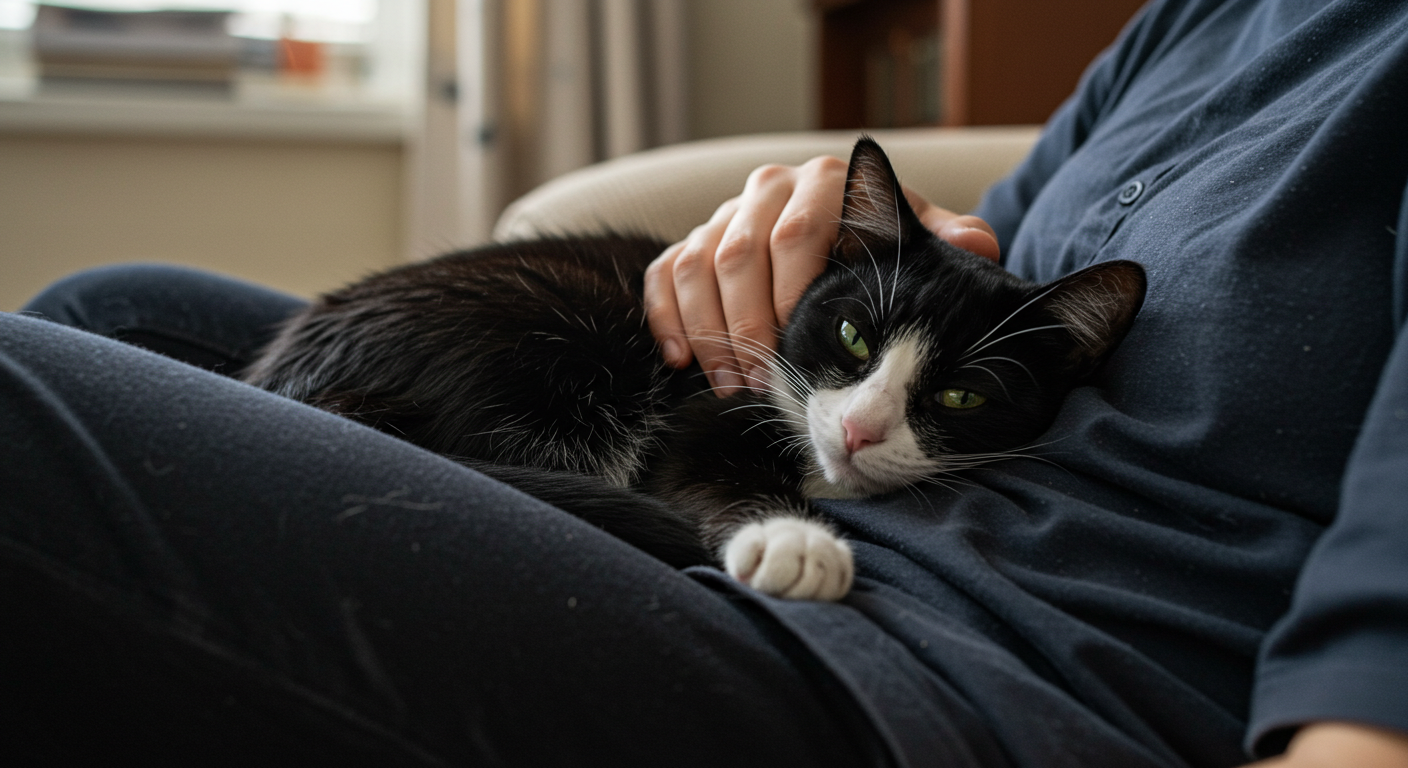 膵炎の猫が飼い主の膝の上で安心してくつろぐ様子