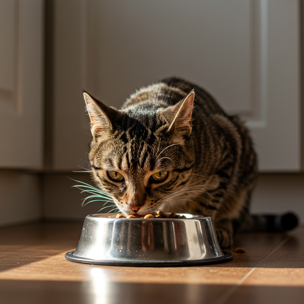膵炎の猫に適した療法食を食べるキジトラ猫