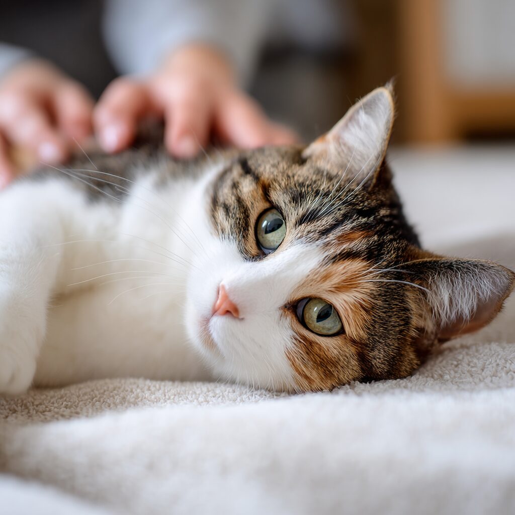 飼い主に撫でられながら横たわってリラックスしている猫