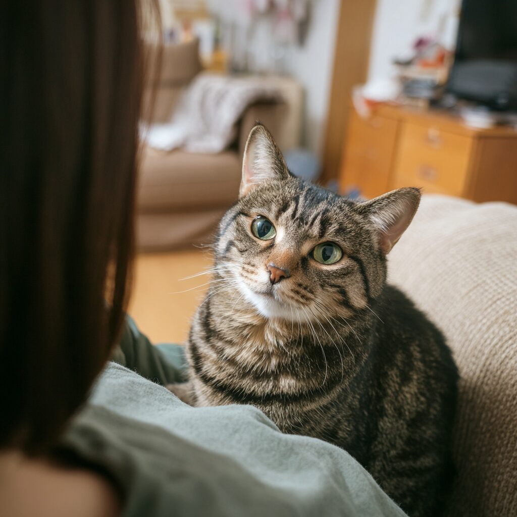 飼い主の隣でくつろぐ猫