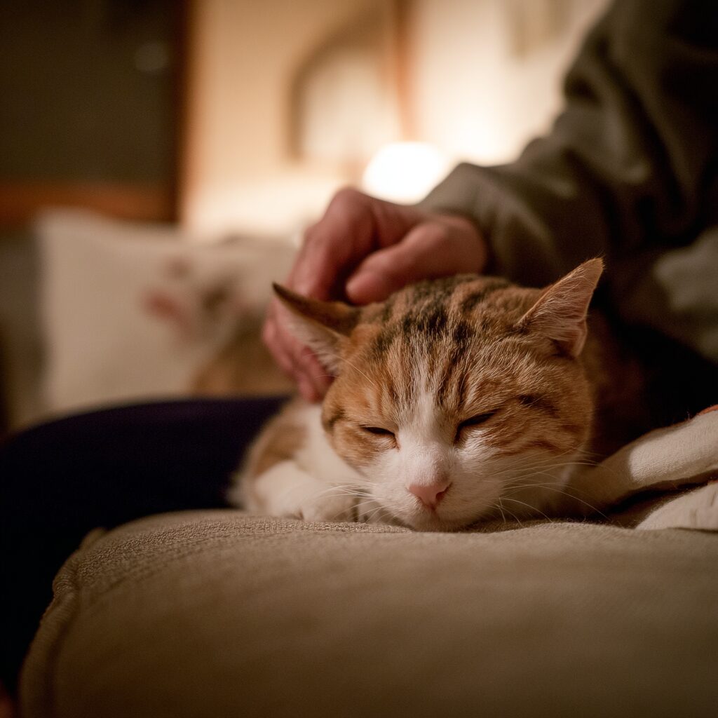 飼い主の手の傍でソファの上に穏やかに休んでいる猫