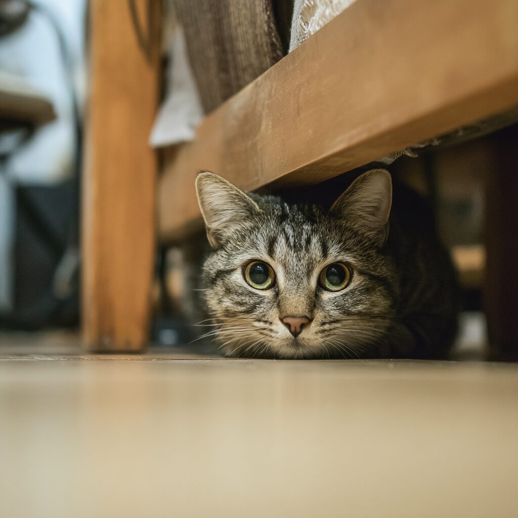 テーブルの下からこちらをうかがうキジトラ猫