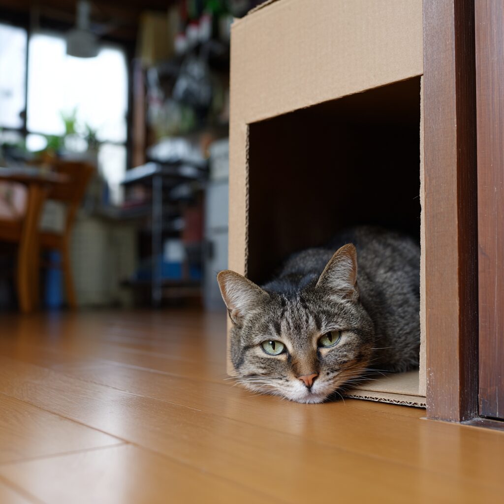 ダンボールから頭を出してこちらを見つめるキジトラ猫