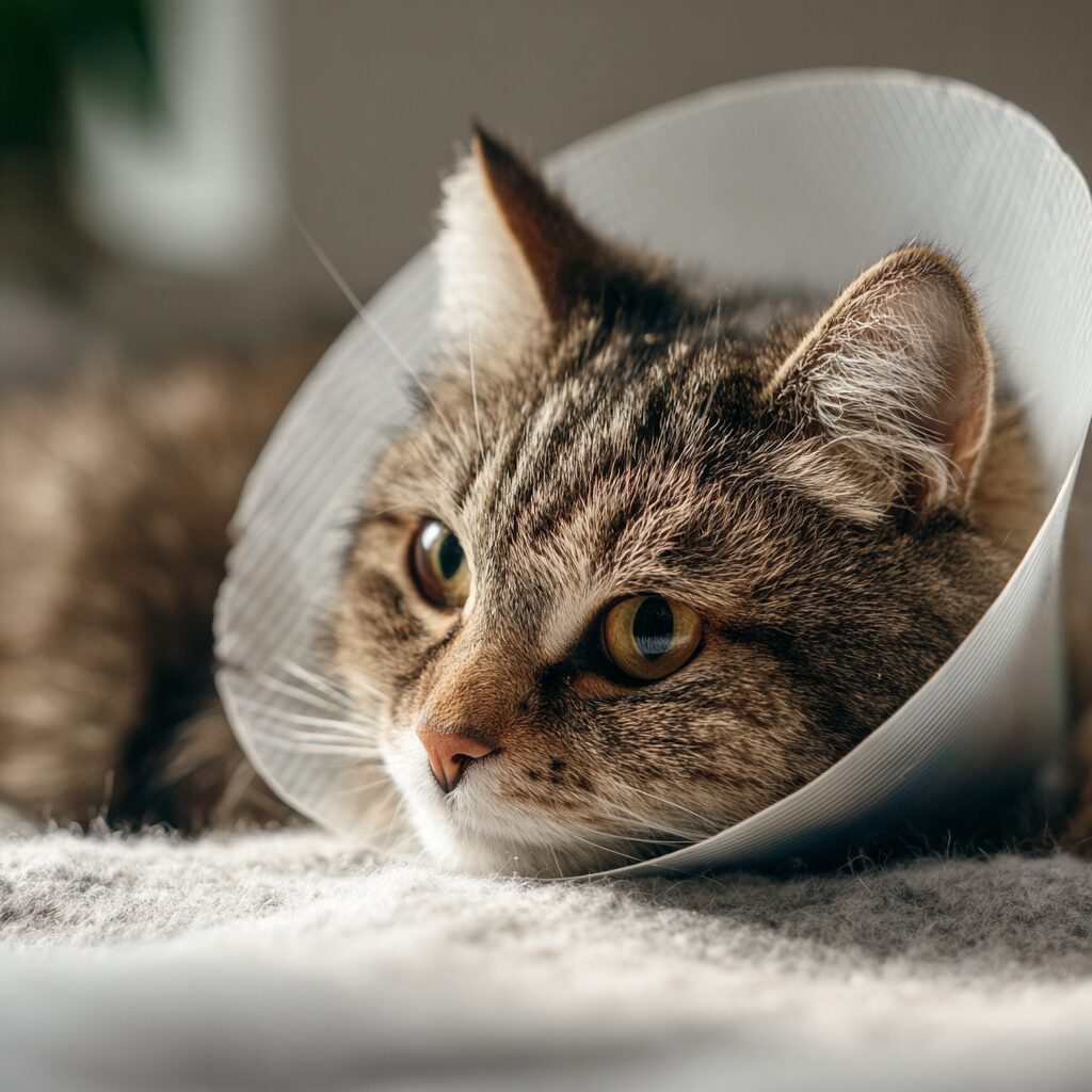 乳腺腫瘍の手術後にエリザベスカラーをつけて回復中の猫