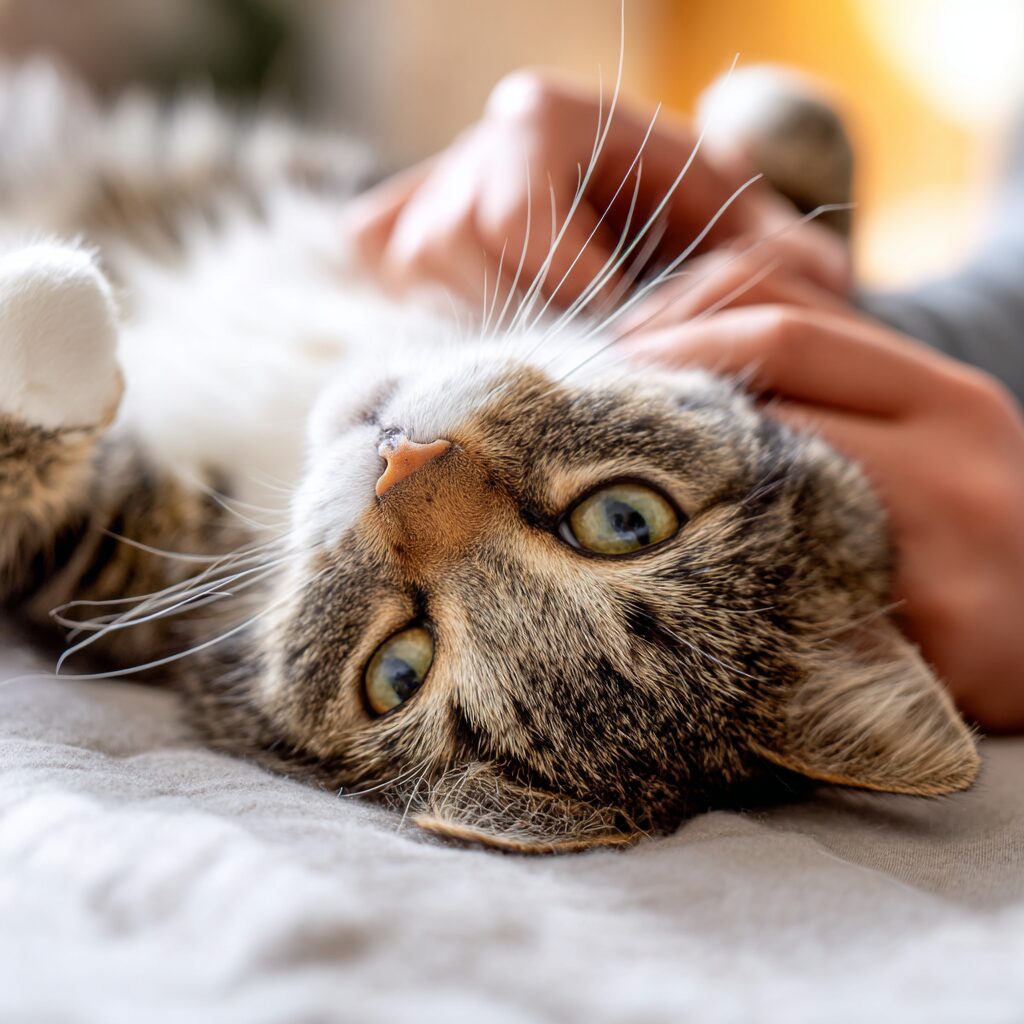 猫の乳腺腫瘍｜お腹を見せてリラックスしている猫と飼い主