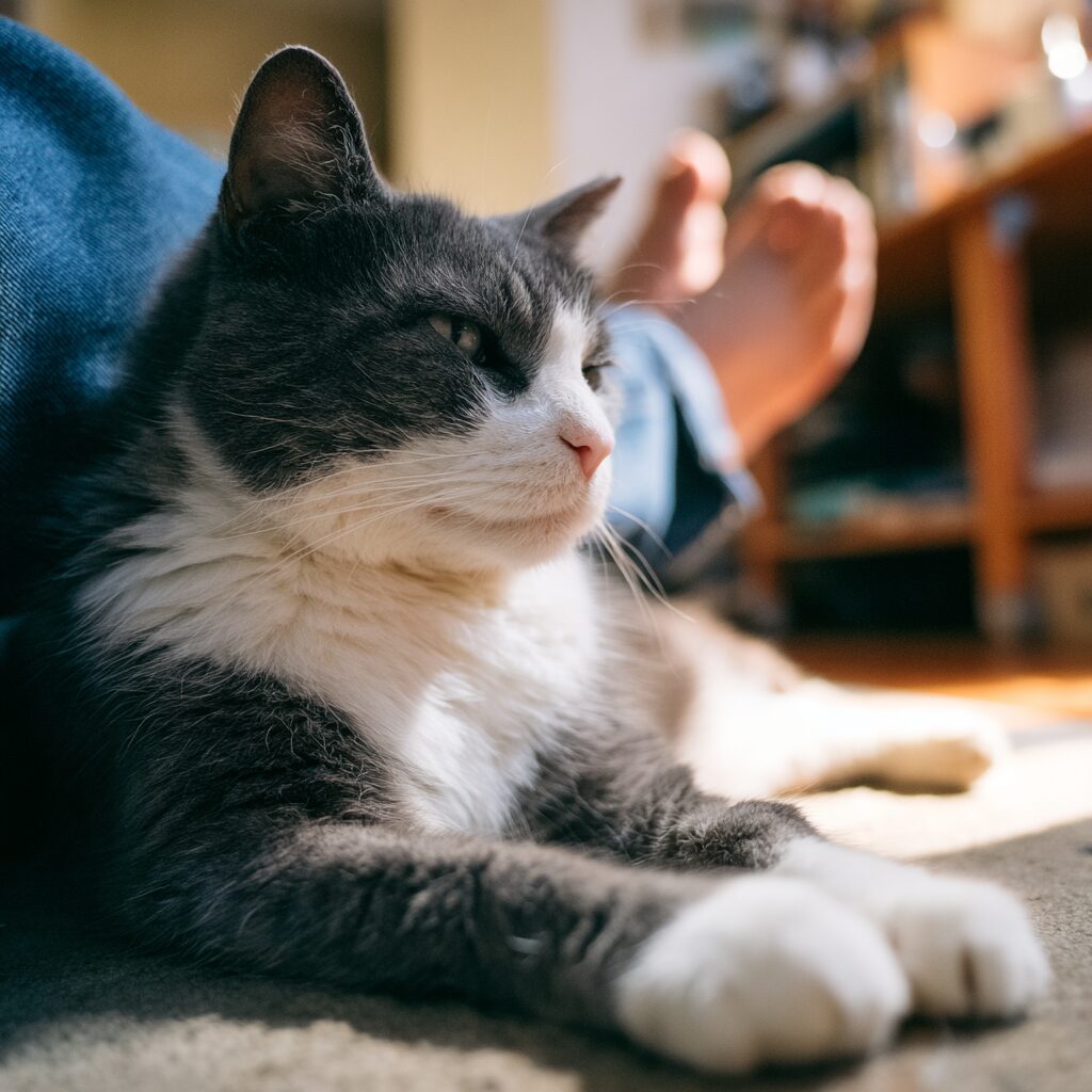 飼い主のそばでくつろぐようになった猫