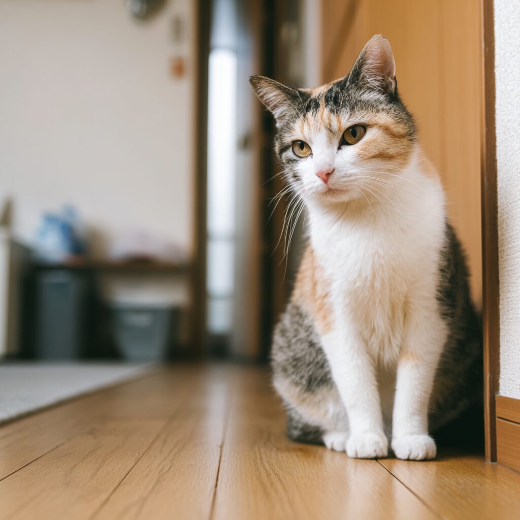 緊張した様子でじっとすわるキジトラ猫