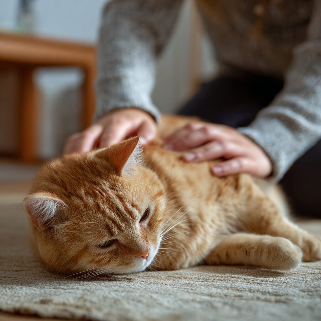 飼い主が猫のお腹を優しく触って乳腺のしこりを確認している様子